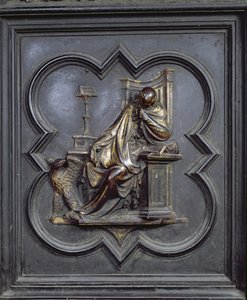 Pyhä Johannes Evankelista, paneeli A San Giovannin kastekappelin pohjoisista ovista, 1403-24 (pronssi)